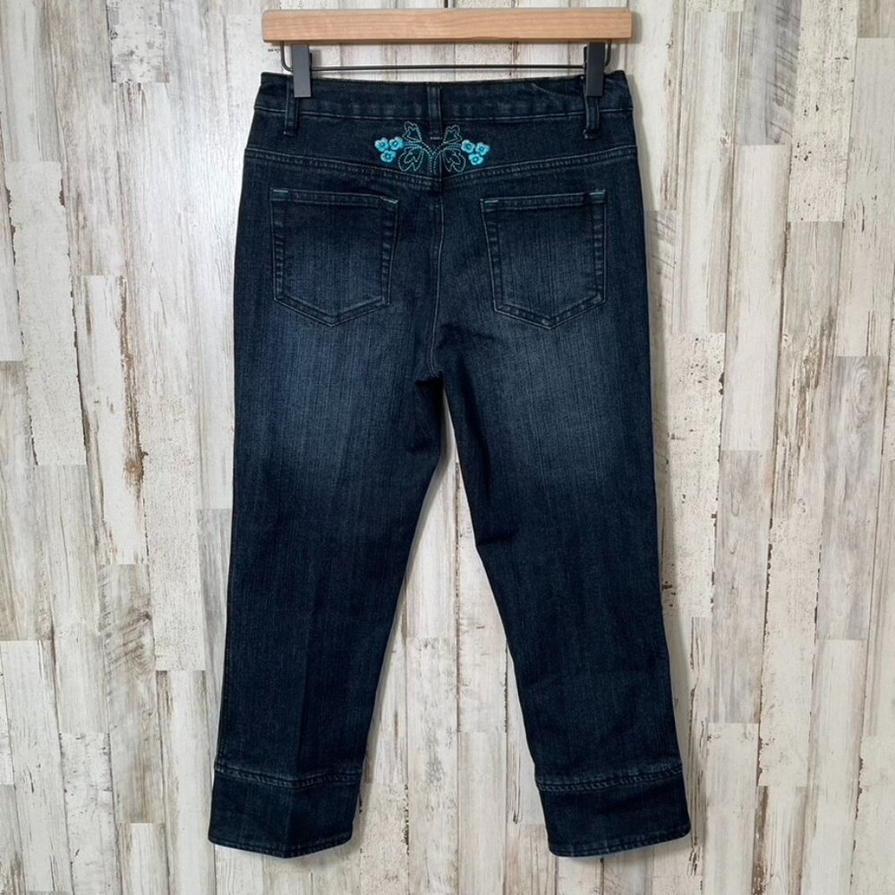 Vintage Y2K Dark Wash Denim Blue Floral Embroidered Capri Womens SIze 30